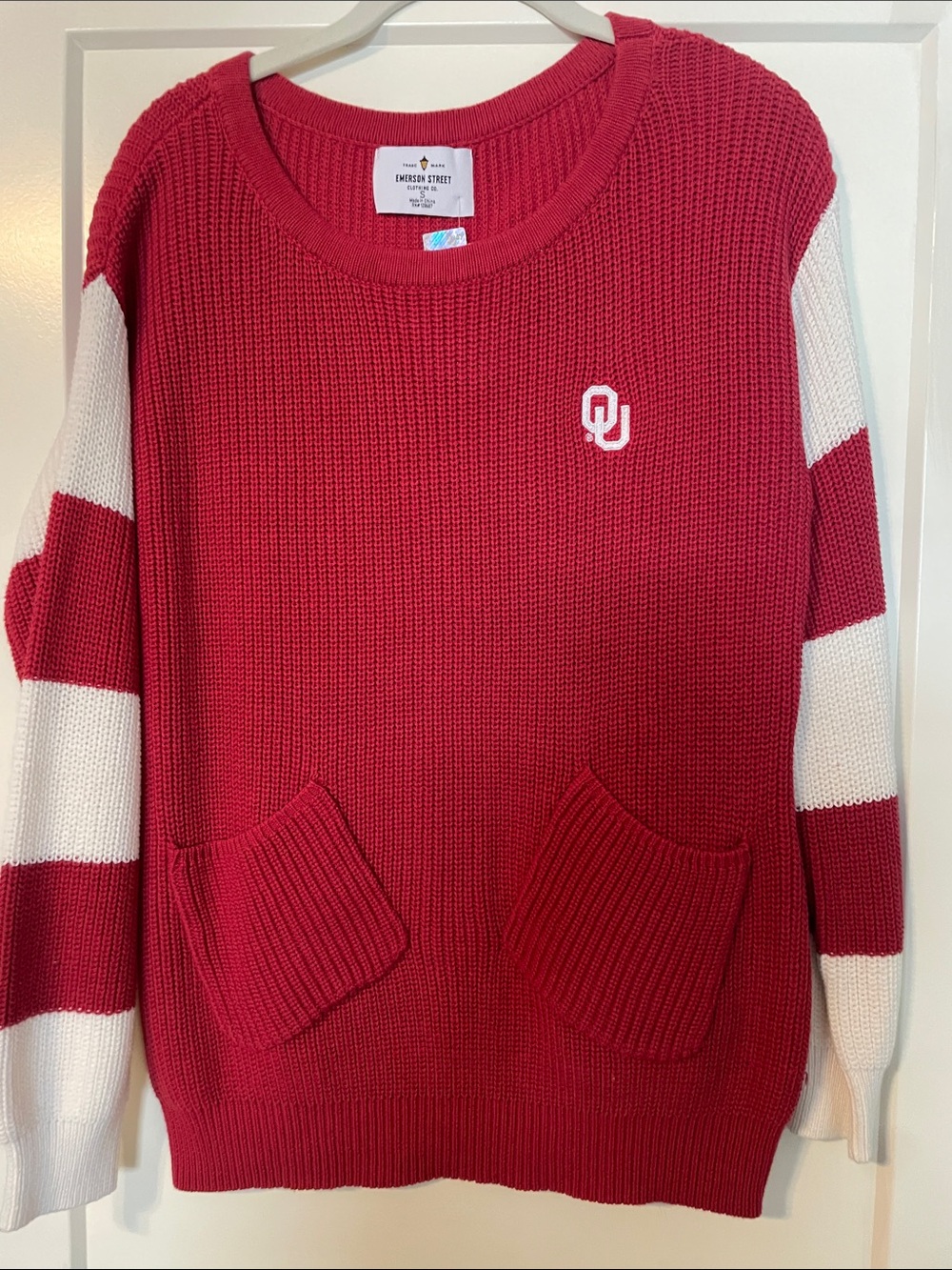 Red OU Logo Crewneck Sweater with White Striped Sleeves